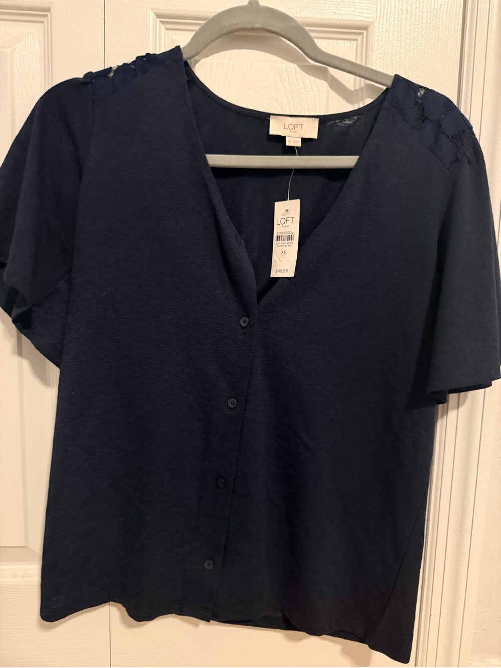 LOFT Navy V-Neck Short Sleeve Button-Front Top
